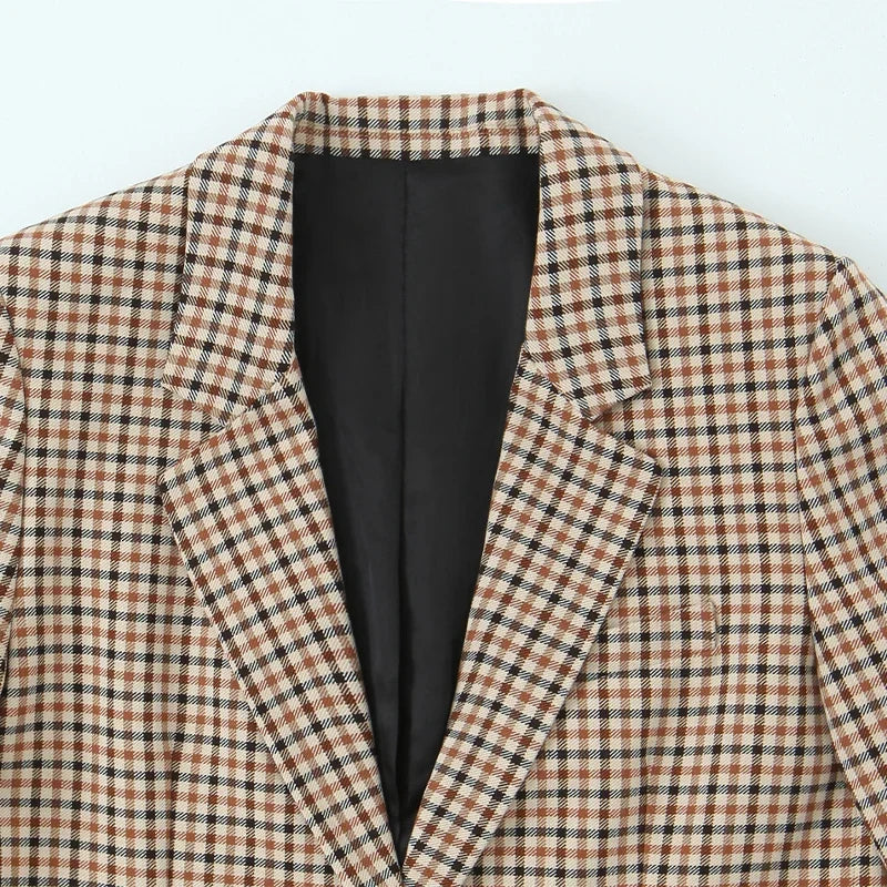 Women Fashion With Pockets Plaid Single Breasted Blazer Vintage Notched Neck Long Sleeves Female Chic Lady Outfits