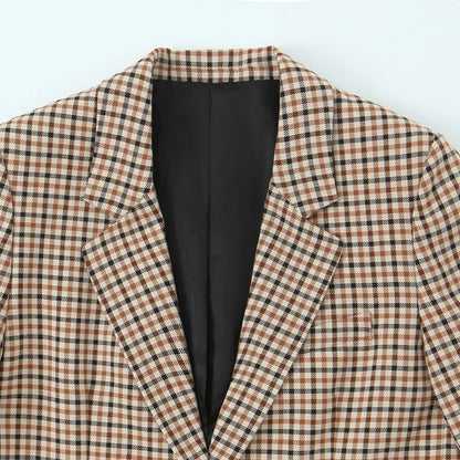 Women Fashion With Pockets Plaid Single Breasted Blazer Vintage Notched Neck Long Sleeves Female Chic Lady Outfits