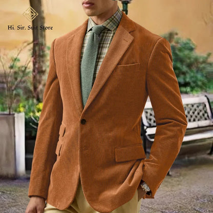 Spring/Autumn New Corduroy Suit Retro Casual Notched Lapel Jacket Single-Breasted Men's Solid Colour Suit Western Sport Coats