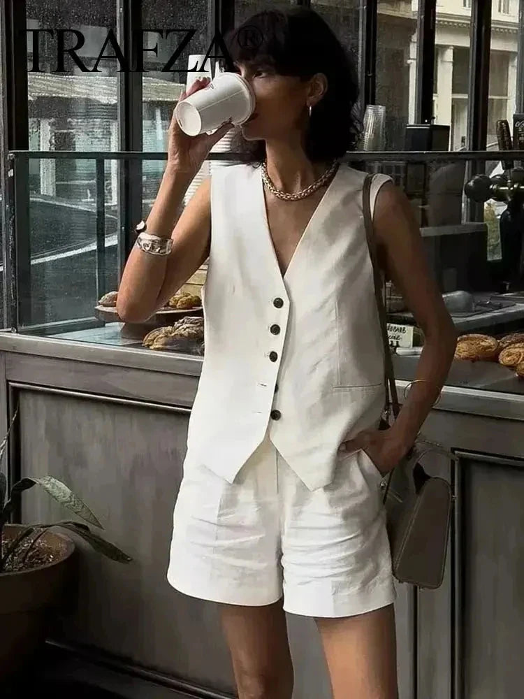 Summer Women Elegant Solid Single Breasted V Neck Casual Vest Top Female Fashion Office Lady Chic Outerwear Vest