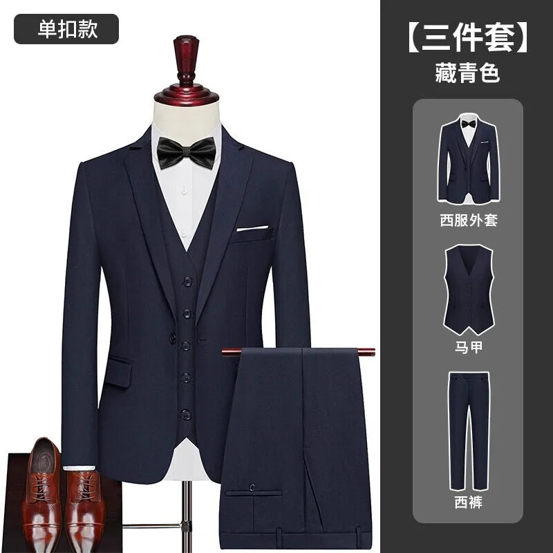 Men's Formal 3-Piece Suit Blazer Vest Trousers Single Breasted Solid Color Wedding Business Wear