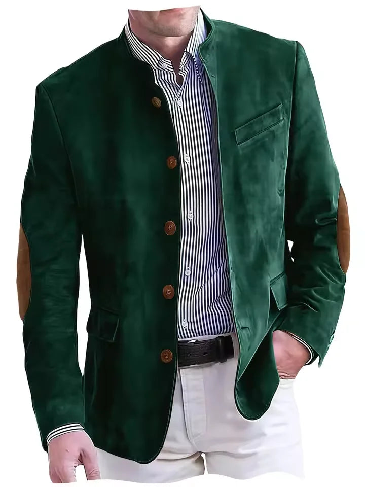 Vintage Men's Suede Blazer Elbow Patch Slim Fit Mandarin Collar Textured Fabric Jacket Business Casual Wedding Party Coat