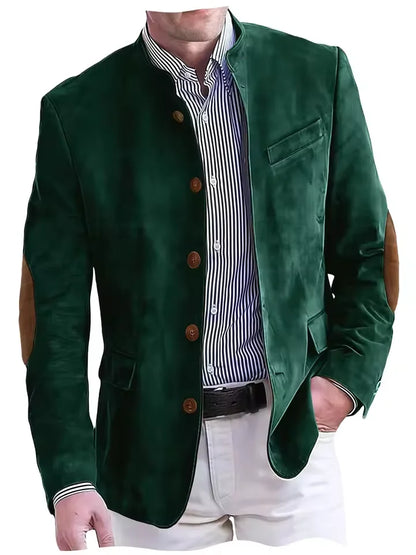 Vintage Men's Suede Blazer Elbow Patch Slim Fit Mandarin Collar Textured Fabric Jacket Business Casual Wedding Party Coat