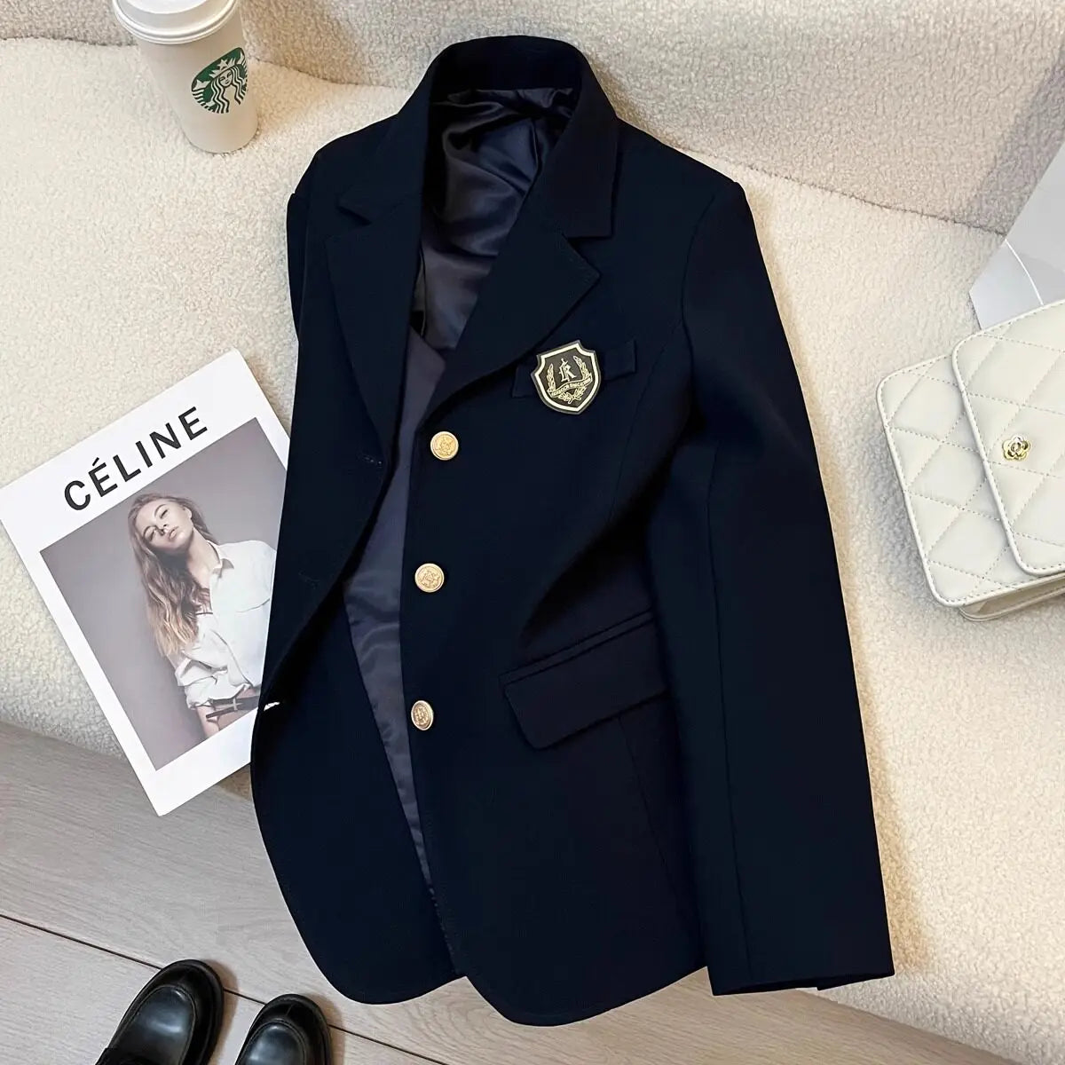 Olive Green Design Sensation College Style Women's Suit Jacket Korean Style Elegant Top Spring New Fashion Casual Nylon