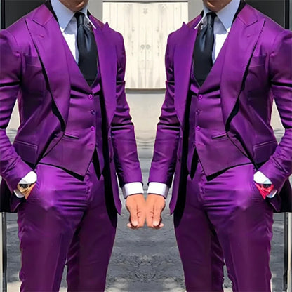 3PCS Men's Formal Tuxedo Set with Peaked Lapel Blazer Vest Pant Fashion Business Suits For Party Wedding Groom
