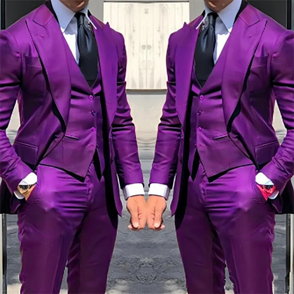 3PCS Men's Formal Tuxedo Set with Peaked Lapel Blazer Vest Pants - Fashion Business Suits for Wedding Party Groom