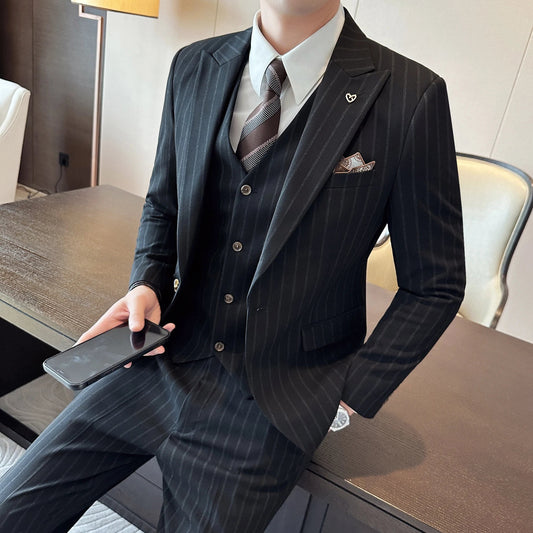 Men's Slim Fit Three-Piece Striped Suit – Wedding, Business & Smart Casual | Black & Grey