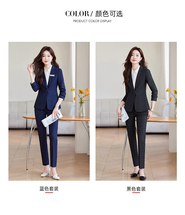 2024 Spring Autumn New Retro Plaid Elegant Blazer Coat And High Waist Pencil Pant Two Piece Set Women's Suit Business Clothing