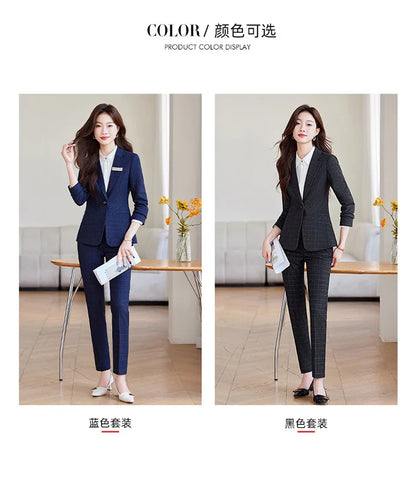 2024 Spring Autumn New Retro Plaid Elegant Blazer Coat And High Waist Pencil Pant Two Piece Set Women's Suit Business Clothing