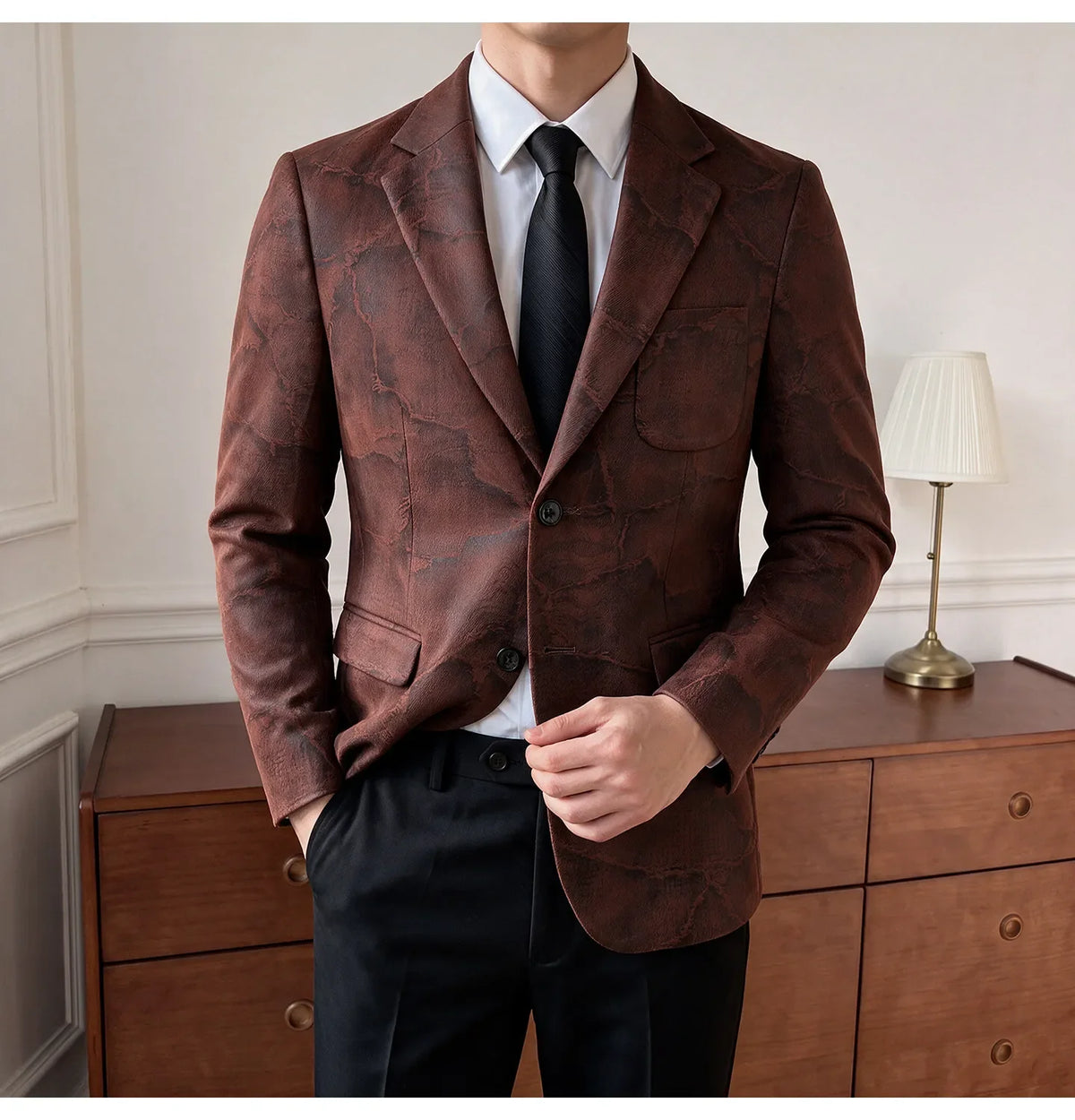 Men's Embossed Suede Blazer Smart Casual Single Breasted Jacket for Everyday Wear