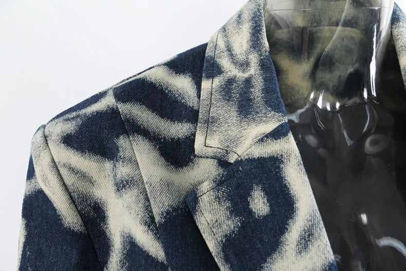 2026 Spring Autumn New Women's Blazer Tie-dye Single Button Pockets Waist Cinching Elegant Coats Retro Denim Jacket HK18495