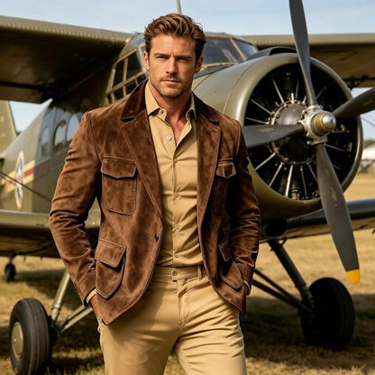 Men's Suede Safari Blazer Slim Fit Notch Lapel Multi-Pocket Hunting Jacket Autumn Winter Casual Business Sport Coat