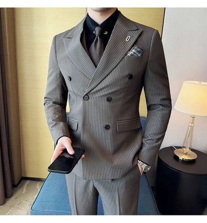 Korean Slim Fitt Wedding Suit Fashion Striped Double Breasted Suit 3 Piece Set Business Formal Casual Party Prom Host Suits
