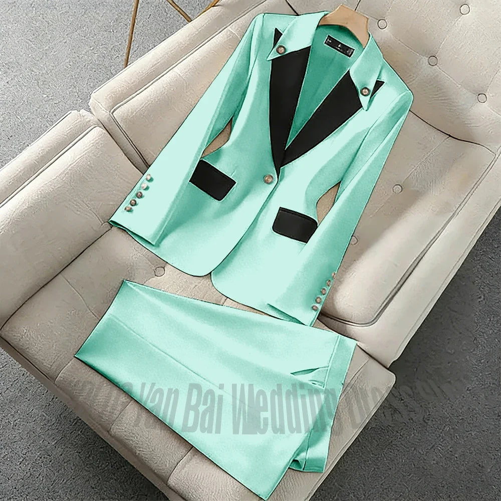 New Unique Women Pant Suit Contrast Color Modern Outfit One-Button Peaked Lapel Casual Fashion Daily Female Clothes Set 2 Piece