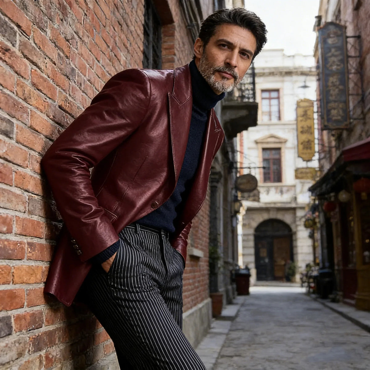 Men's Dress Leather Jacket Burgundy Luxury Slim Fit Notchde Lapel Flap Pocket Retro Soft Sport Coat For Business Casual