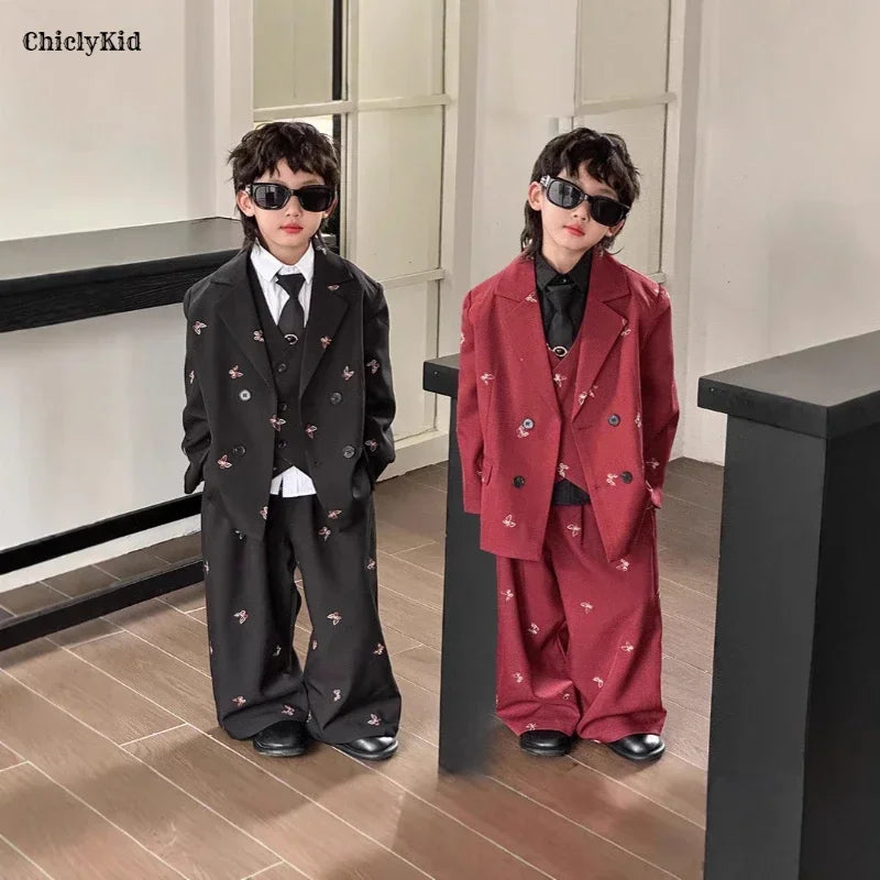 Boys Loose Blazer Jacket Waistcoat Pants Clothes Sets Kids Formal Dress  Suits Casual Child Toddler Party Butterfly Leisure Suit