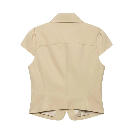 Women Double Breasted Blazer Summer New Short Sleeve Turn Down Collar Slim Fit Jacket Elegant Office Lady Cropped Outerwear