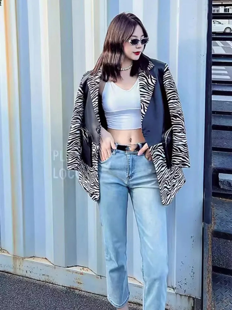 Fashion Women Sheepskin Spliced Mid-Long Blazers Coat Long Sleeve Notched Collar Single Breasted Zipper Pocket Casual Jacket Top