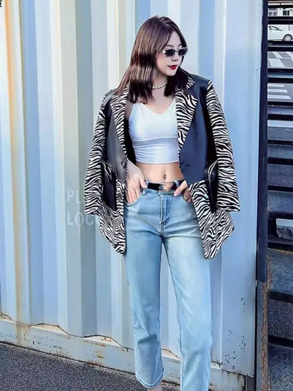 Fashion Women Sheepskin Spliced Mid-Long Blazers Coat Long Sleeve Notched Collar Single Breasted Zipper Pocket Casual Jacket Top