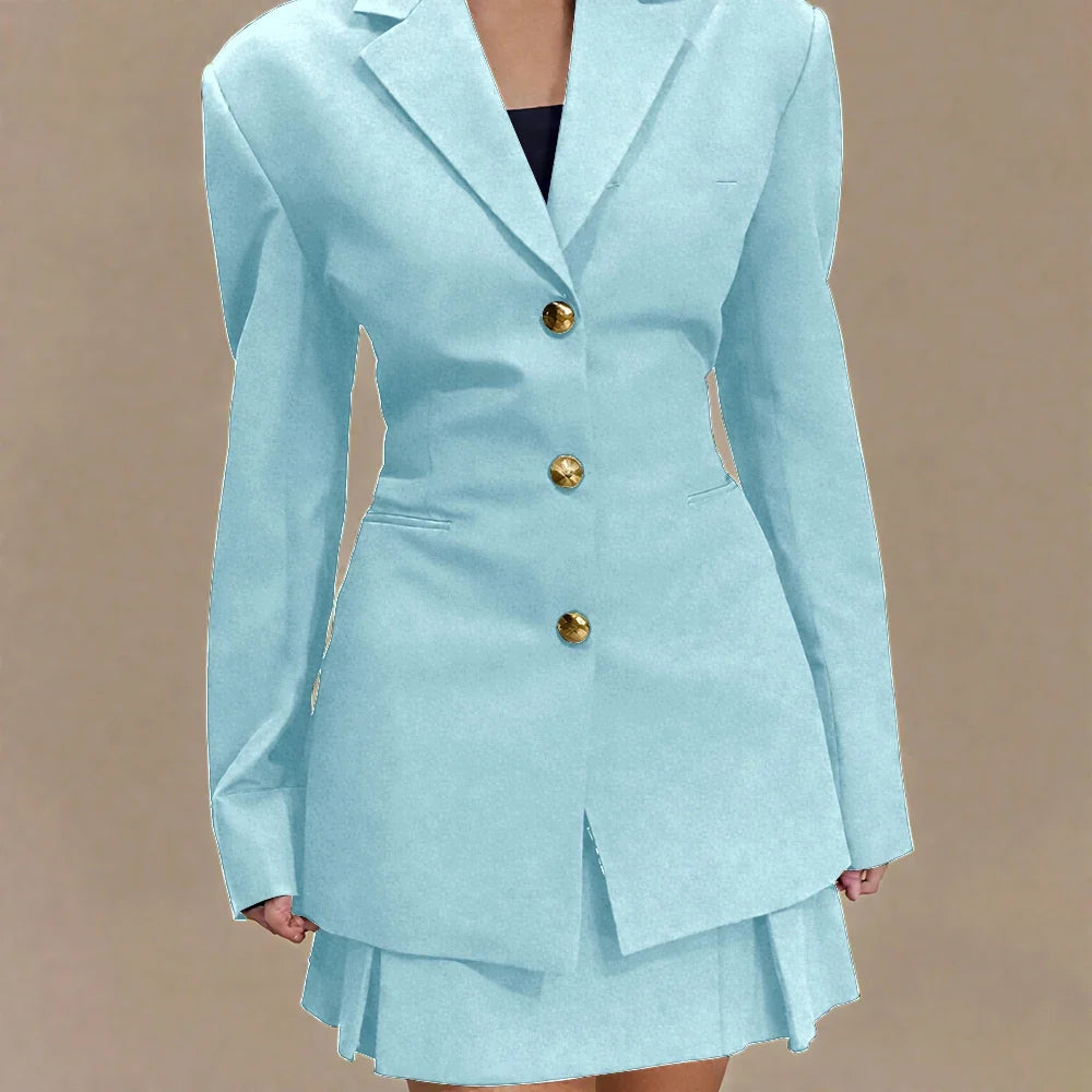 Women's Pleated Skirt Suit Set 2025 2Pieces(Tailored Blazer&High Waist Skirt) Office Chic Single-breasted Notch Lapel Outfit