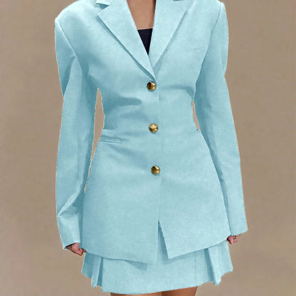Women's Pleated Skirt Suit Set 2025 2Pieces(Tailored Blazer&High Waist Skirt) Office Chic Single-breasted Notch Lapel Outfit