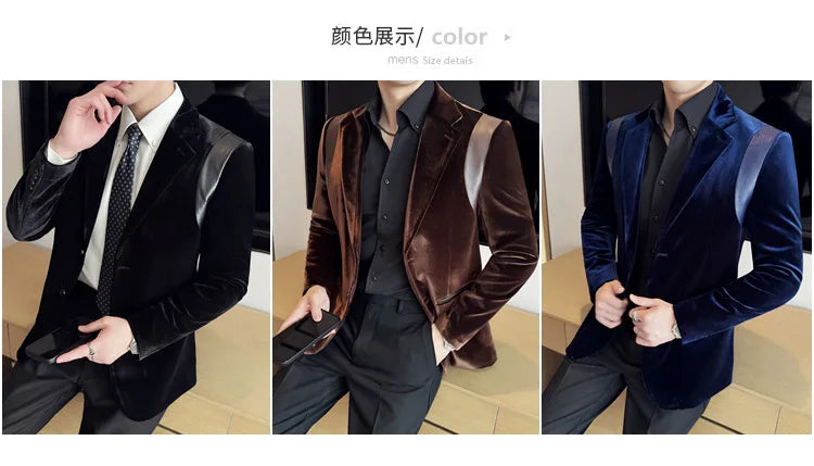 Leather Splicing Mercerized Velvet Suit Jacket 2025 Autumn New Men's High-end Business Slim Fit Fashion Party Tailcoat 4XL-M