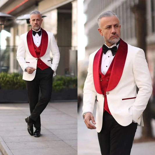 Men Wedding Tuxedos Red Velvet Vest Shawl Lapel Mens Blazer Outfits Business Formal Wear Suits(Jacket+Vest+Pants)