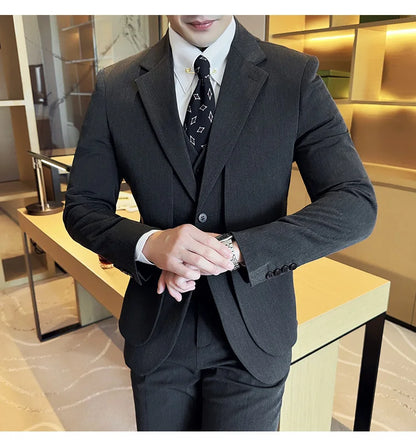 British Style Fake Two-piece Suit Set Men's Wedding Groom Dress 3 Piece Set Suit Vest Trousers Slim Office Business Casual Suits