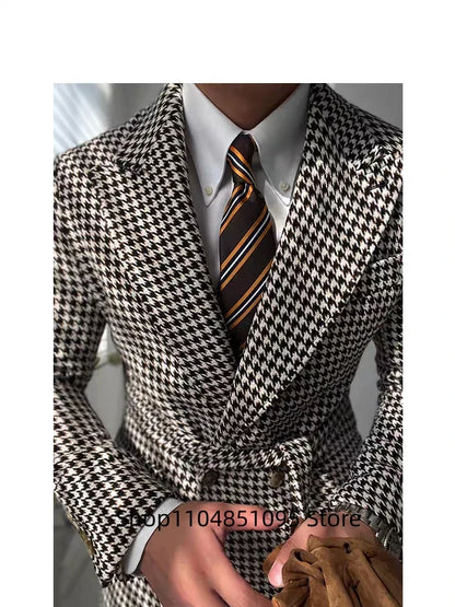 Men's Houndstooth Blazer Double Breasted Jacket for Party Prom Outwear Groom Business Tuxedos Wedding Men Suits Coat Only One