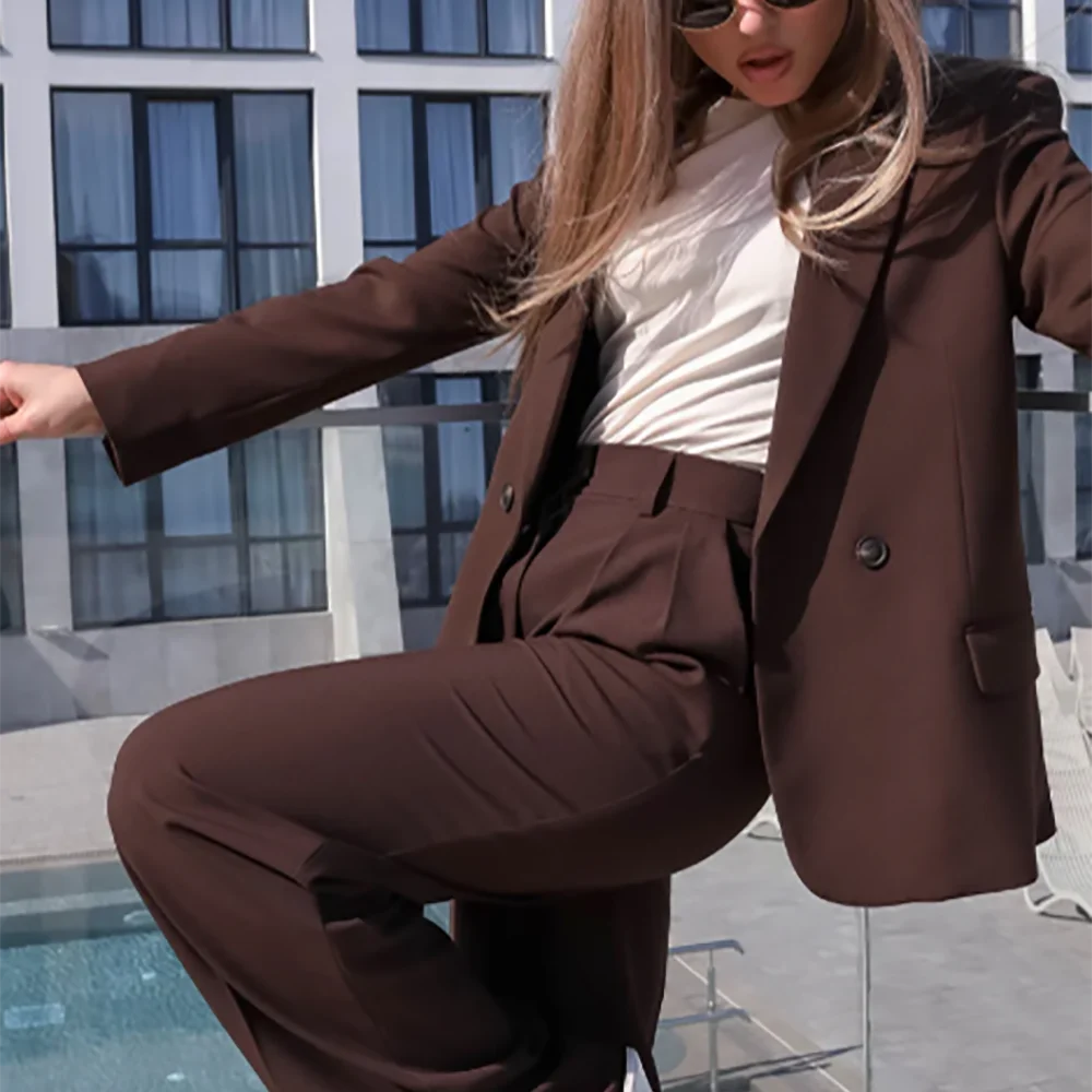 Solid Color Women Suit Double Breasted Casual Two Pieces Fitted Jacket Pants High Street Autumn Clothes New Matching Sets
