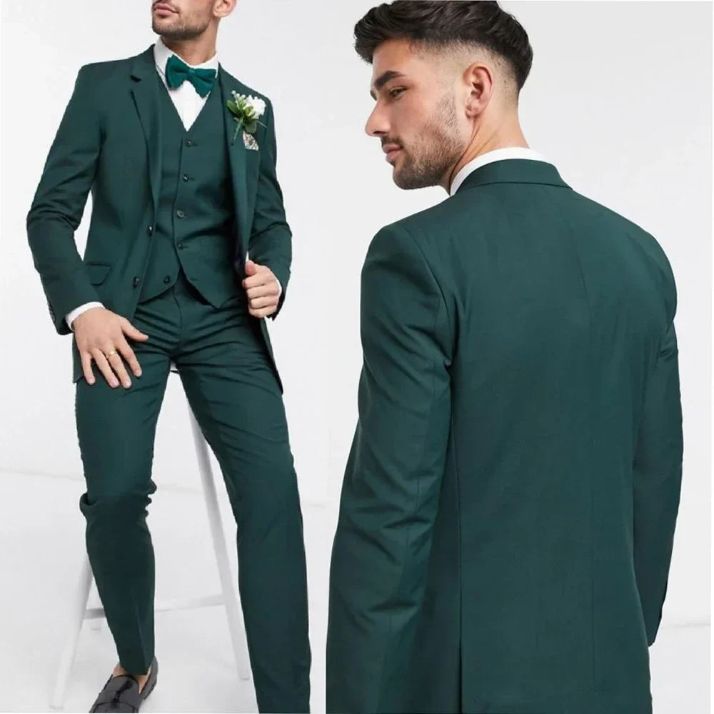 Custom Made Two Button Dark Green Groom Tuxedos Groomsmen Slim Fit Mens Wedding Blazer Suits (Jacket+Pants+Vest) Costume Homme