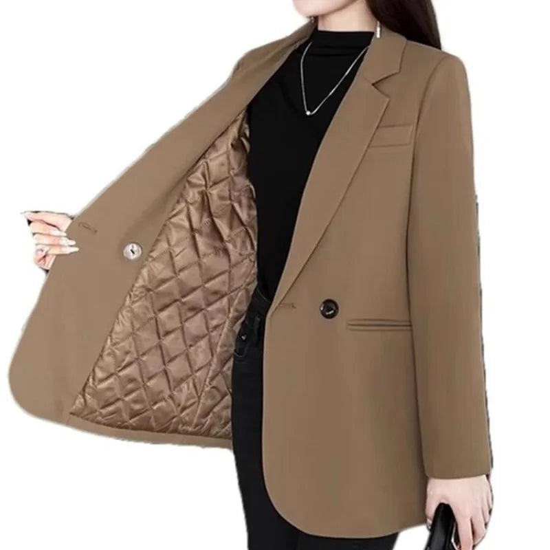 Women's Short Suit Jacket Thickened Cotton Korean Style Long Sleeve Daily Wear Polyester Fiber Short Length Mid-Length