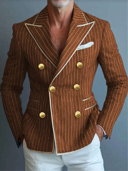 Business Fashion Suit Jacket Striped Suit Jacket with Double Row Metal Buckles Blue Blazer Striped Jacket Man Top Man Coat