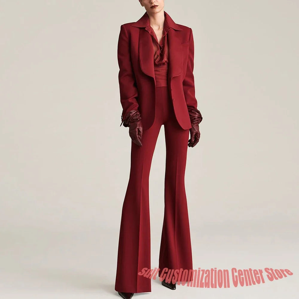 Burgundy Women's Jacket+Flared Pants Suit Tailored 2 Piece Set Single Breasted Blazer for Elegant Evening Cocktail Party Outfit