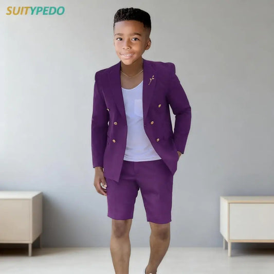 Classic Purple Suit Sets For Men Piano Performance Children Formal Blazer Short Pants Wedding Party Flower Kids Outfits 2 Pieces