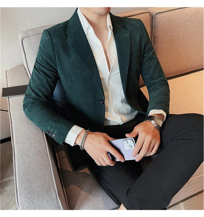 2023 Fashion Men's Corduroy Blazers Top Quality Business Casual Suit Jackets Slim Fit Wedding Groom Streetwear Social Dress Coat