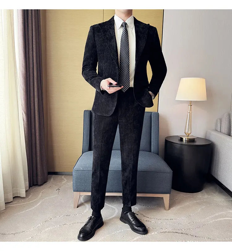 ( Jacket+Pants) Men Corduroy Suit Two-Piece Set High Quality Italian Style Business Suit Luxury Men Formal Wedding Groom Tuxedos