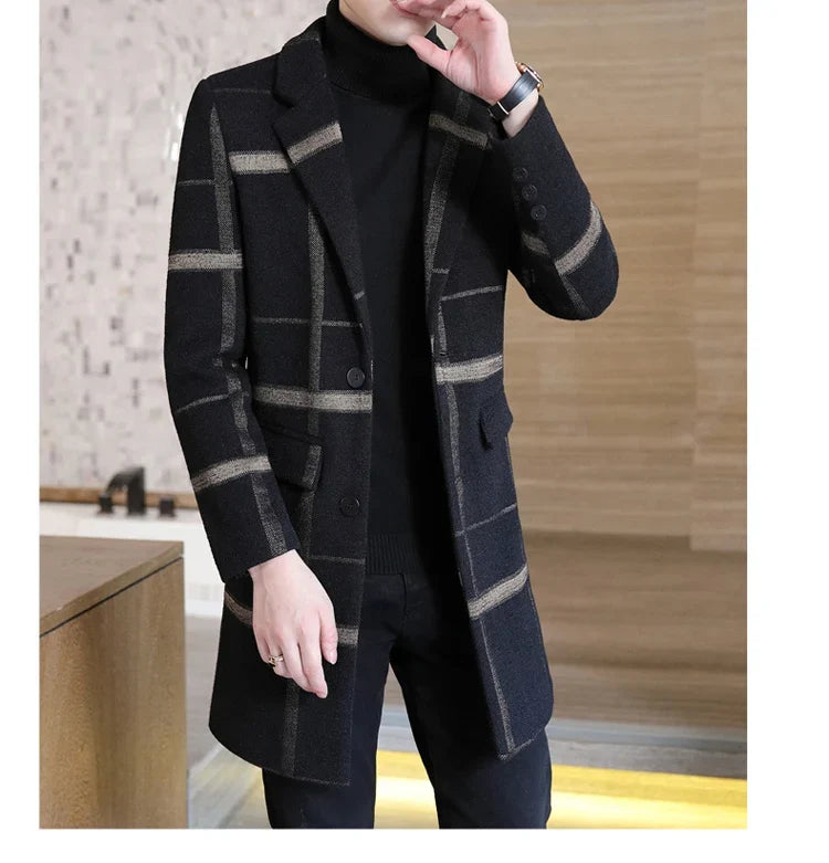 Korean Fashion Woolen Coat Men's Mid-Length Slim-Fit Trench Youth Business Casual 2023 Autumn Winter New Style