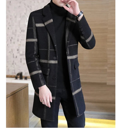 Korean Fashion Woolen Coat Men's Mid-Length Slim-Fit Trench Youth Business Casual 2023 Autumn Winter New Style