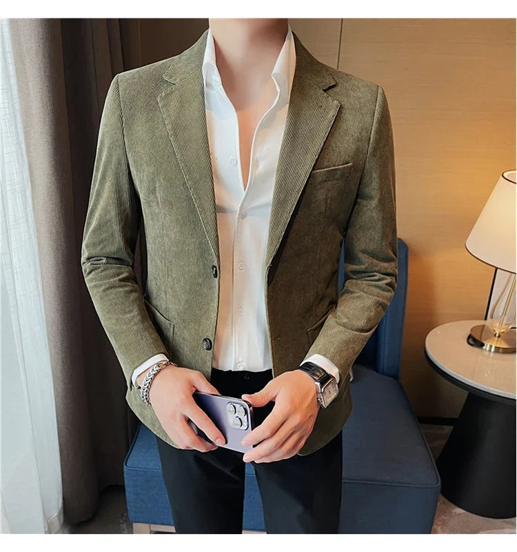 2024 High Quality Fashion Handsome Trend Business Matching Corduroy Small Suit Jacket Men Slim Fashion Casual Handsome Suit