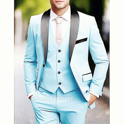 Classic Fitted Men's 3-Pieces Tuxedo Smoking Suit with Unique Lapel Single Breasted Blazer Vest Pant Set