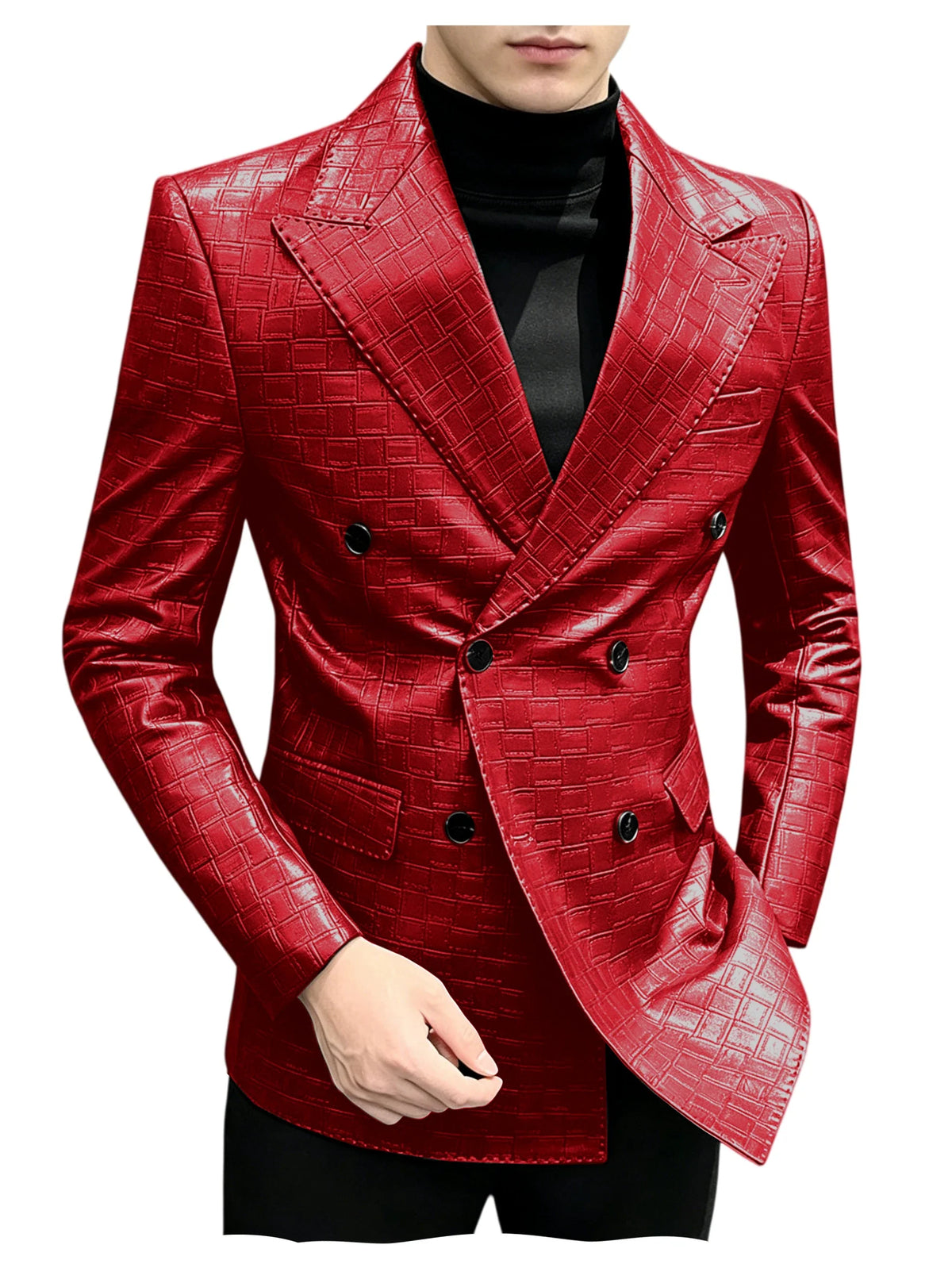 Men's Crocodile Leather Blazer Double Breasted Slim Fit Suit Jacket Formal Business Casual Sport Coat Wedding Party Streetwear