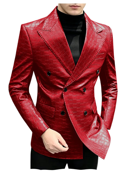 Men's Crocodile Leather Blazer Double Breasted Slim Fit Suit Jacket Formal Business Casual Sport Coat Wedding Party Streetwear