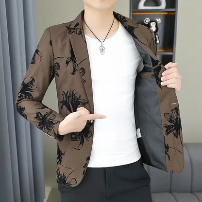 Blazer Men's Fashion Gentleman Business Outdoor Travel Print Wedding Slim-fit Korean Trend Handsome Youth Casual Blazer