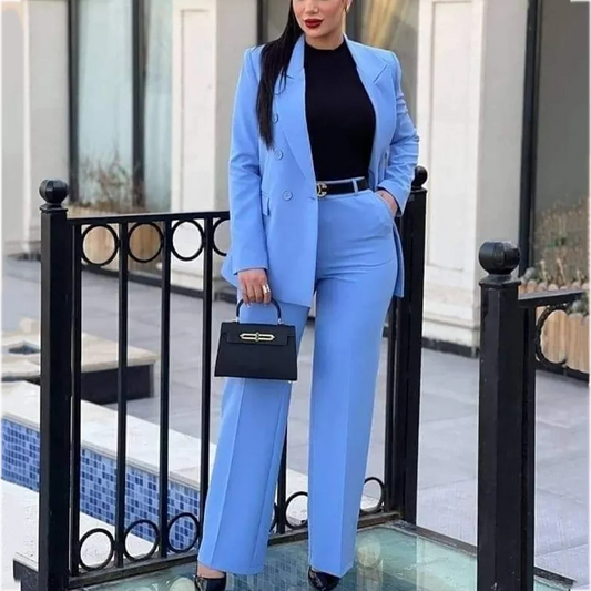 Women's Formal Suit Solid Color Double Breasted Peak Lapel Blazer Set Two Pieces Modern Style Office Lady Business Outfit