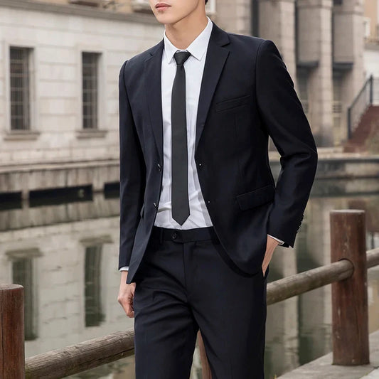 Men's Slim Fit Two-Piece Wedding Suit – Solid Color Smart Casual Dress Suit with Trousers