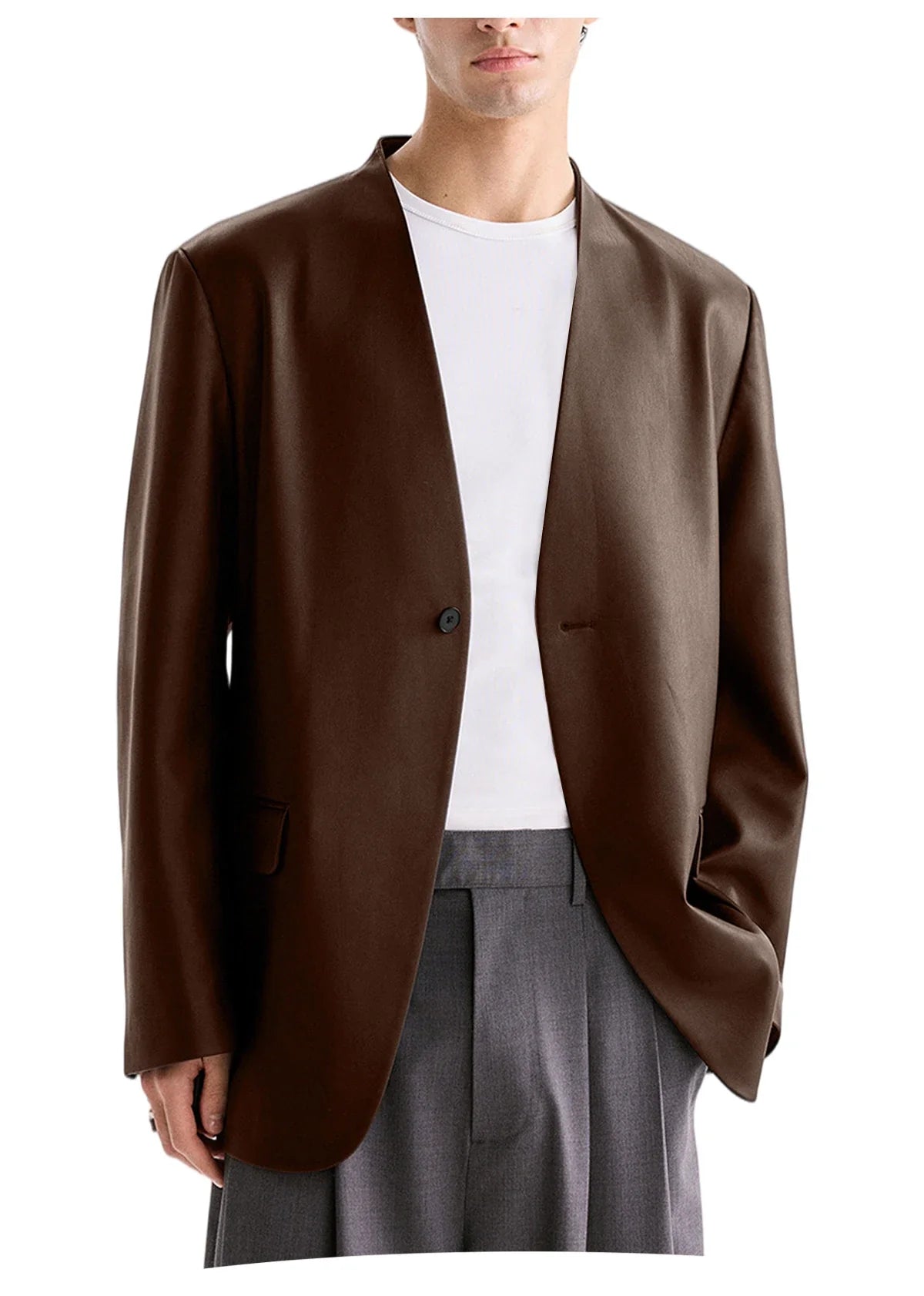 Men's PU Leather Collarless Blazer Single Button Loose Fit Jacket for Wedding Party Office