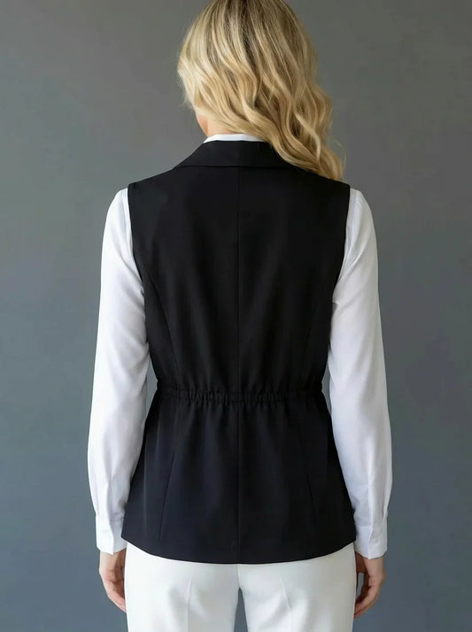 Elegant Women's Single Button Vest, Black Sleeveless Blazer for Business Casual, Formal Work Attire with Pockets