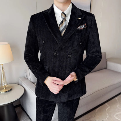 2025 Winter Woolen Men's Wedding Groom Suit Double Breasted Suit 3 Piece Set Business Casual Office Work Party Prom Dress Suits
