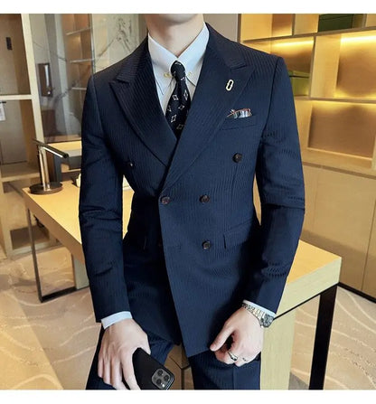 Korean Slim Fitt Wedding Suit Fashion Striped Double Breasted Suit 3 Piece Set Business Formal Casual Party Prom Host Suits